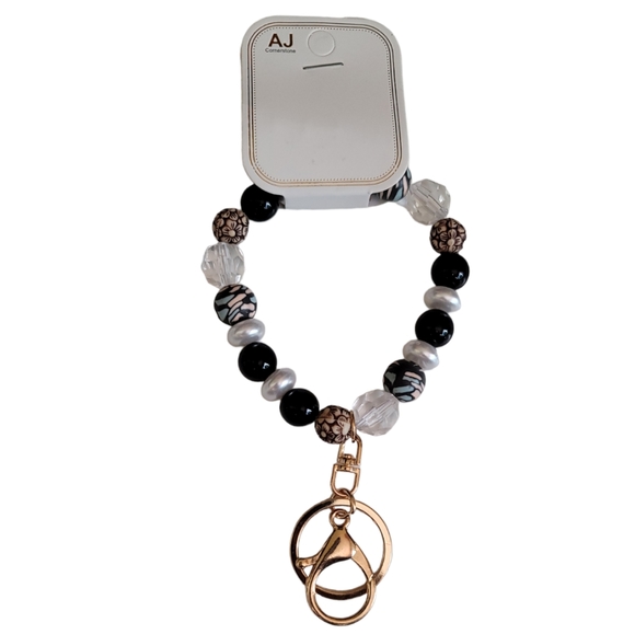 Faux Pearl and Black Brown Multicolored and Clear Bead Bracelet Keychain - Picture 5 of 5